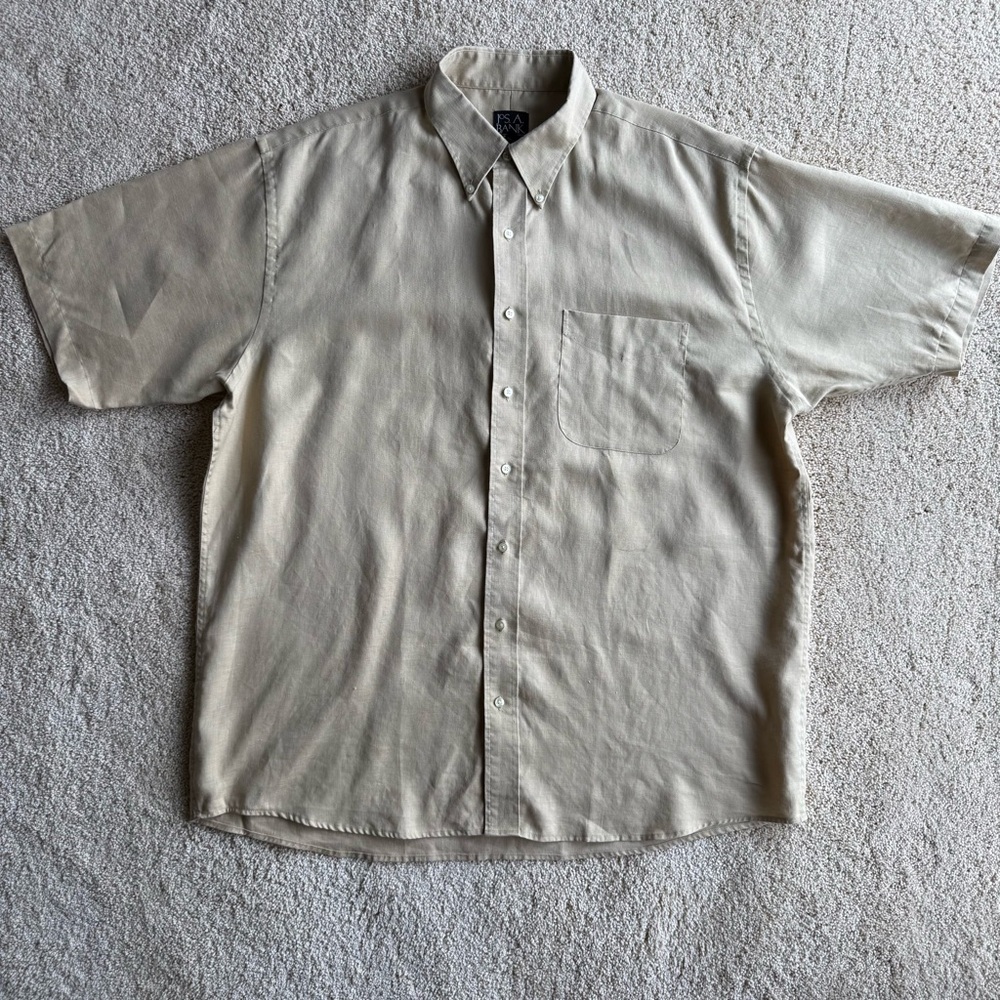 Jos A Bank Linen Shirt XL Beige Short Sleeve Button Up Mens 100% Linen Casual